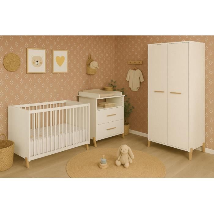 Armoire bébé Joy Naturel - Blanche - Sur pieds en bois naturel - 2 portes - Babyprice