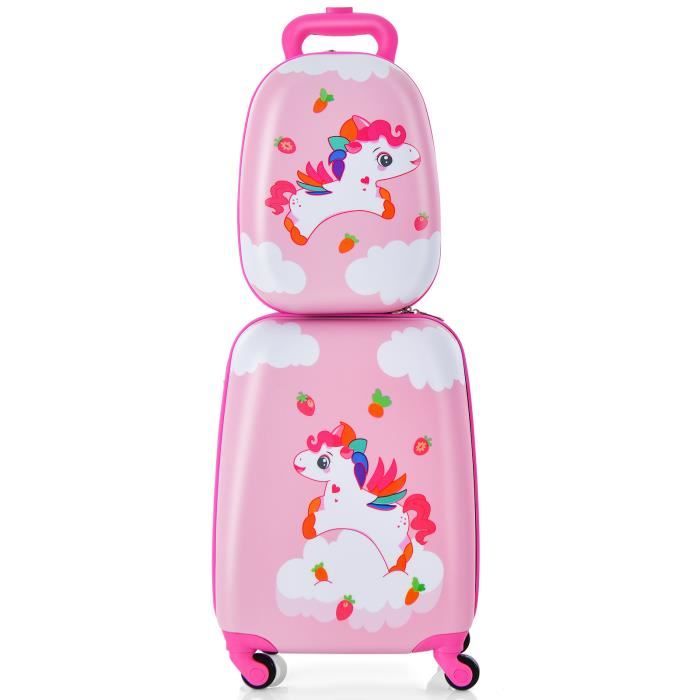 costway valise enfant à roulettes 16’’ + sac à dos 12’’, bagage enfants avec motif cheval arc-en-ciel, pour voyages en avion, rose