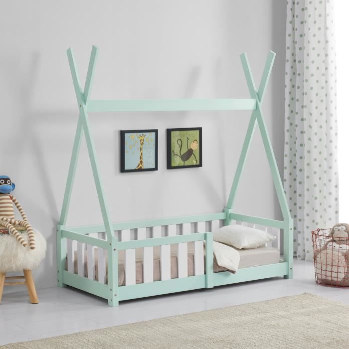 Lit Tipi pour Enfants Helsingborg avec Grille de Sécurité Pin 140 x 70 cm Menthe