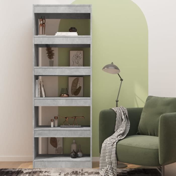 Bibliothèque / étagère Cloison WIFESE - 60x30x166 Cm - Gris Béton - Rangement Livres Et Décoration - 6
