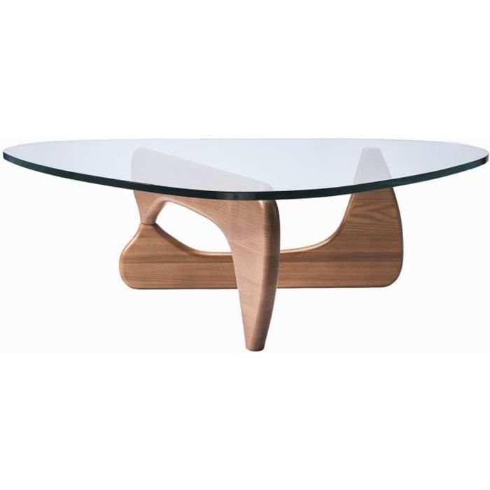 Table Basse Verre Trempé 19mm Style Noguchi Design en Bois Massif Salon- Noyer clair