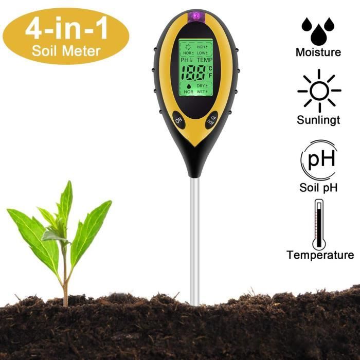 Testeur de Sol, 4 en 1 testeur de Sol Mètre d'humidité, température, Lumière et Testeur de pH Acidité, pour Fleurs/Herbe/Plante