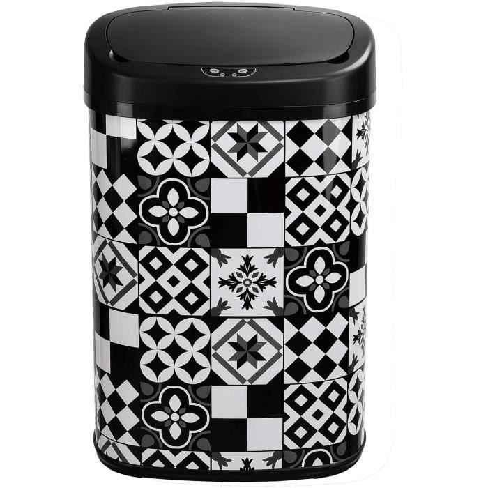 KITCHEN MOVE Poubelle de cuisine automatique 58 L - Inox - Motif carreau de ciment - Noir et Blanc