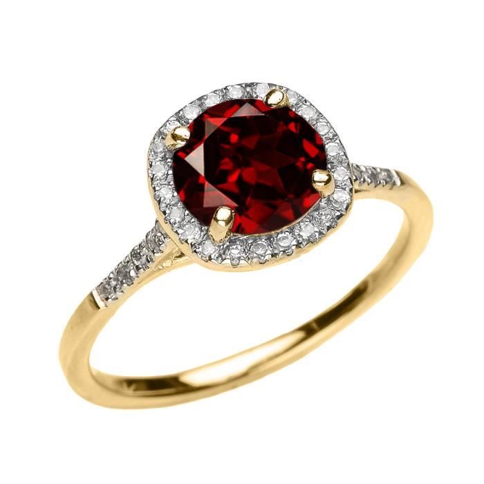 Bague Femme 10 Ct Or Jaune Diamant Et Veritable Grenat Jaune