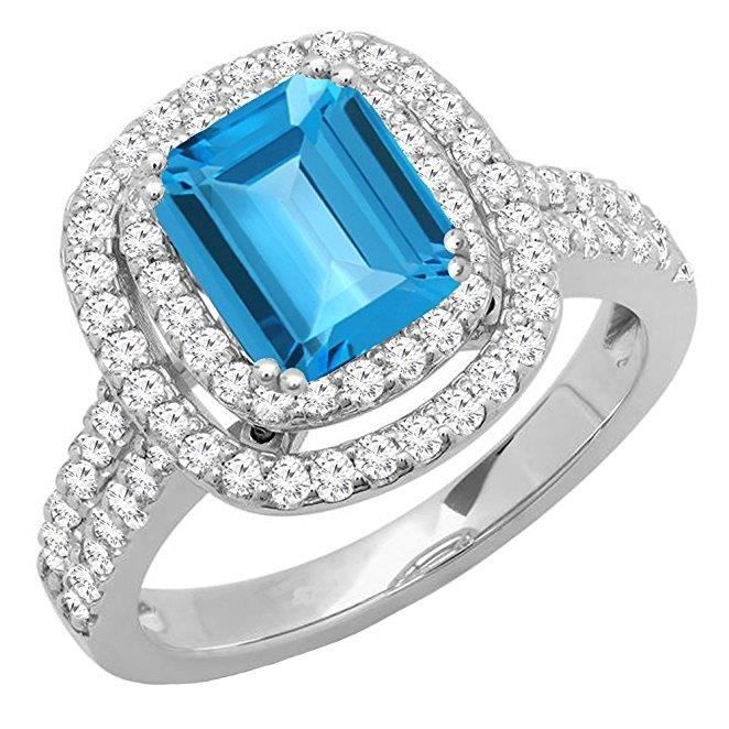Bague Femme Bague De Fiancaille 14 Ct Or Blanc 8x7 Mm Emeraude