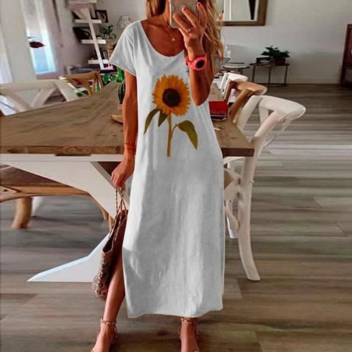 Robe Longue Femmes Mode feminine lache imprime tournesol manches courtes cote fendu o cou tenue decontractee Blanc Blanc Cdiscount Pret a Porter