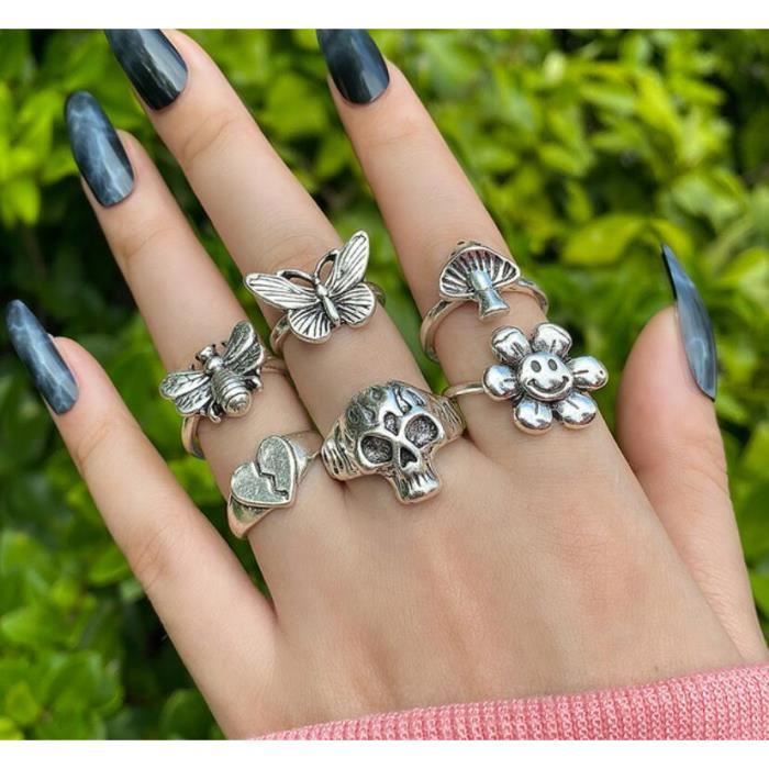 Ensemble De 12 Bagues Y2K Punk Gothique - Style Vintage & Réglable | Pour Femme, Look Grunge & Pierres De Lune - 13