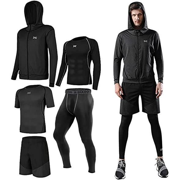 Ensemble Compression Tenue Sport Homme Fitness Vetement Running Shirt Legging Collant Running Jogging Cyclisme 5 Pieces Noir XL