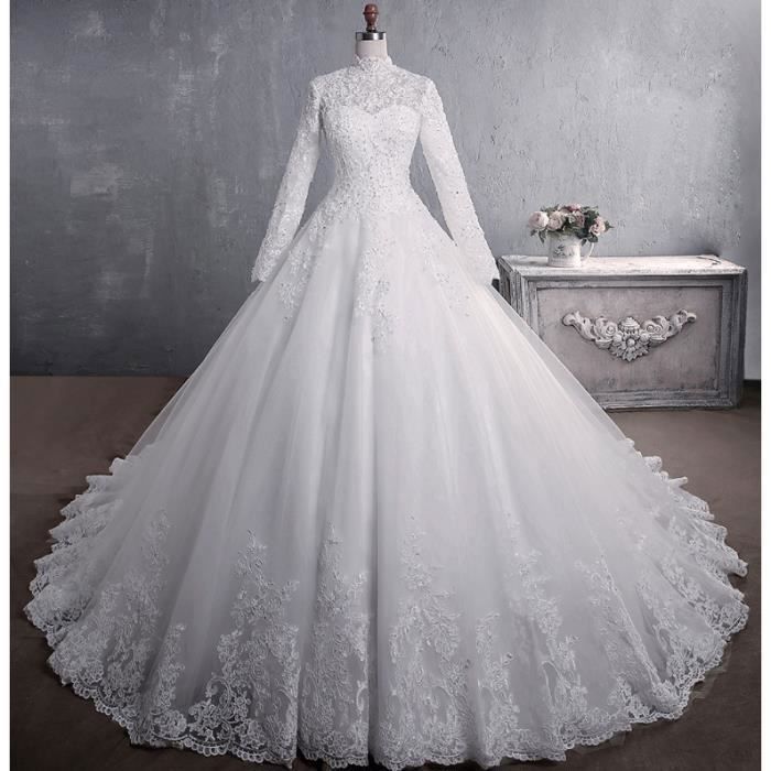 FANDI Elegante Musulmane a Col Haut Avec Train Princesse Broderie Dentelle Luxe Robe De Mariee Pure blanc Cdiscount Pret a Porter