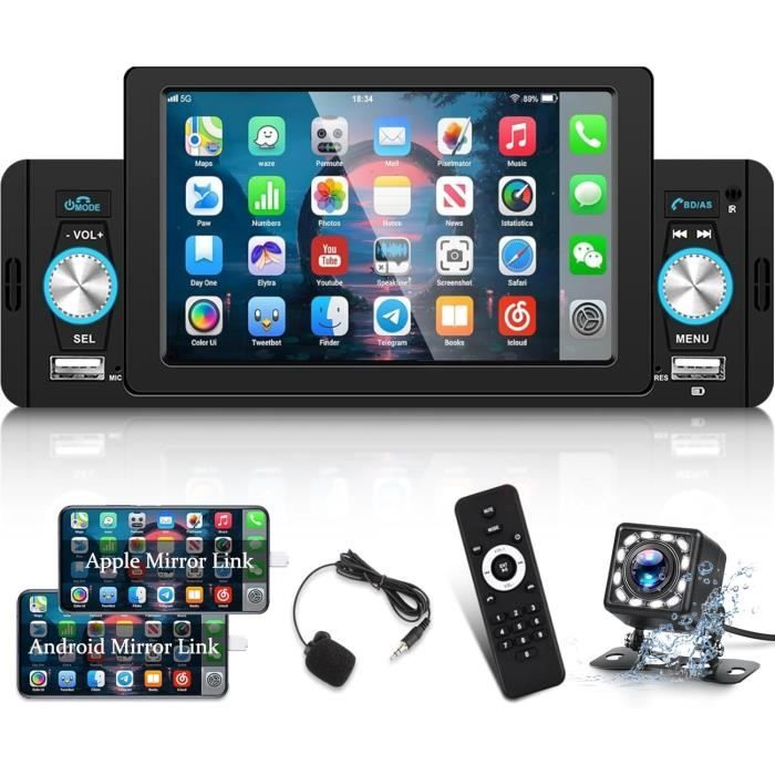 Autoradio Bluetooth, 1 Din Radio Voiture Récepteur Avec Lecteur Mp3 Wma Fm Télécommande, Deux
