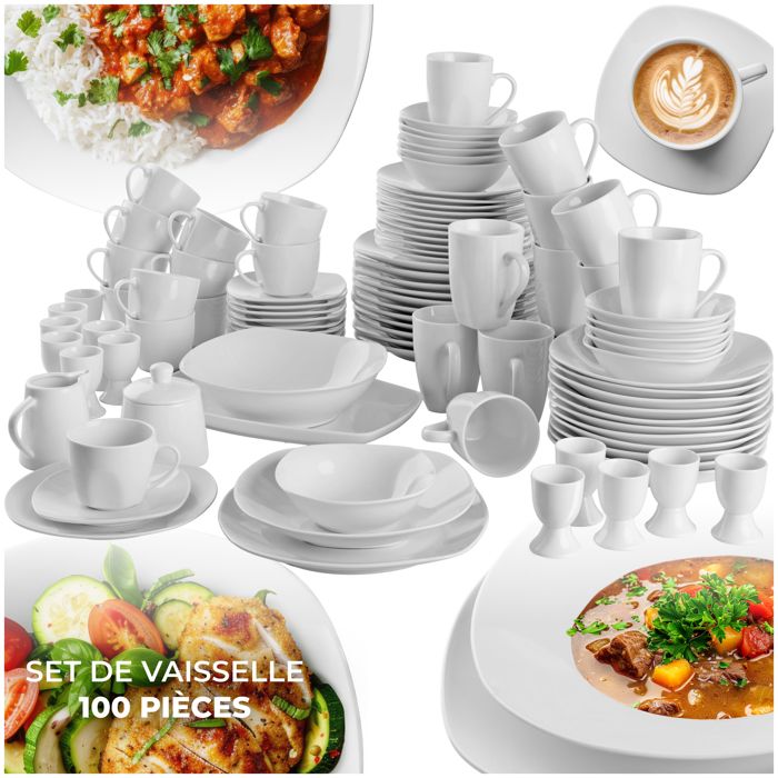 Service de vaiselle - TECTAKE - Service SALERNO de 100 pièces en porcelaine émaillée pour 12 personnes - Blanc
