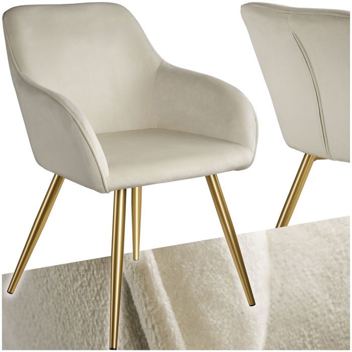 Chaise - TECTAKE - chaise velours - marilyn - élégante rembourrée ergonomique - 58 x 62 x 82 cm - crème/or