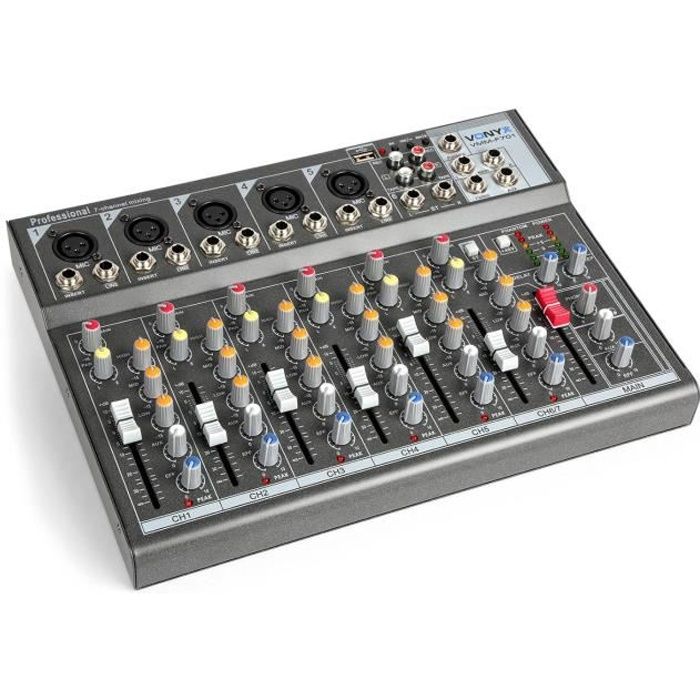 Vonyx VMM-F701 - Table de mixage 7 canaux - Port USB, 5 x entrée mic/ligne mono, 1 x entrée ligne stéréo