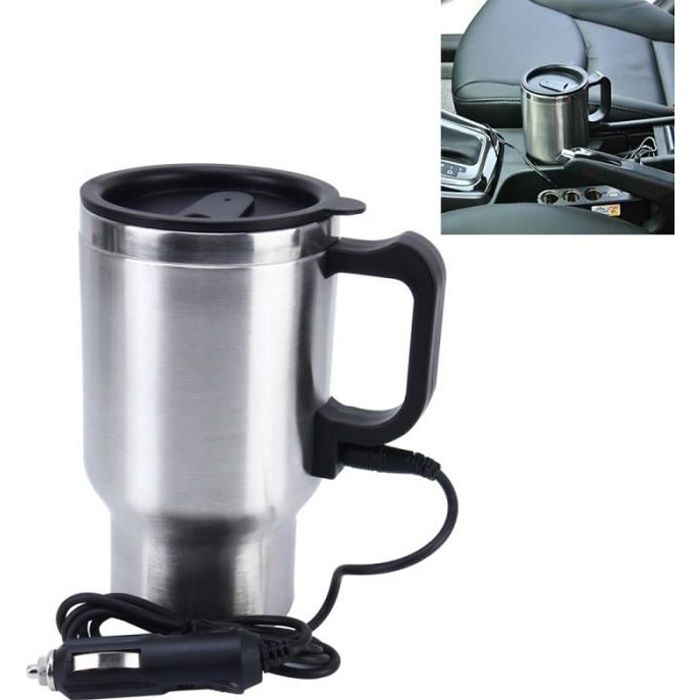 Tasse chauffante pour voiture Tasse chauffante 12 V Bouilloire électrique Voitures Tasses de chauffage thermique Bouillotte deau bouillante Accessoires auto 500 ML couleur: argent + noir Câble 