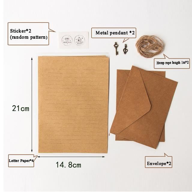Kit Papeterie Vintage - 16 Feuilles + 10 Enveloppes Kraft + 10 Autocollants Cachet Cire - Pour Lettres, Invitations Mariage