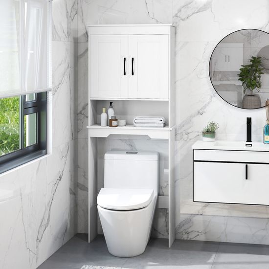Meuble WC au-Dessus de Toilettes en Bois avec 2 Portes en Verre Trempé et Étagère Réglable 60 x 30 x 173 cm Blanc