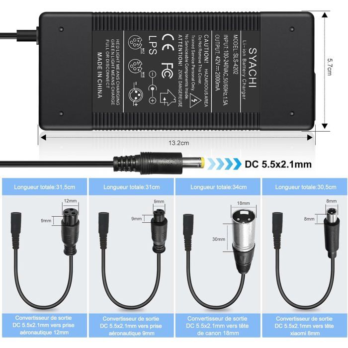 Chargeur 42V 2A Xietongpo – 5 Connecteurs (DC 2.1/2.5, Xiaomi 8mm, XLR 3 Broches, Aviation 8mm) – Pour Batterie 36V – étanche IP65 – 6 Protections – Compatible Xiaomi/Ninebot