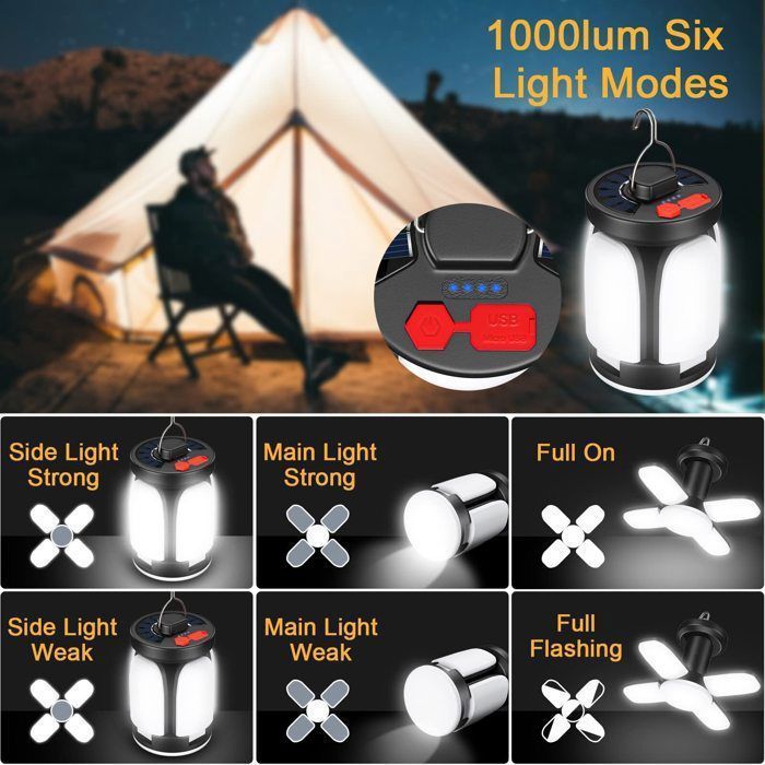 Lampe Camping LED Rechargeable USB/Solaire – 2400 MAh, IPX6, Noir