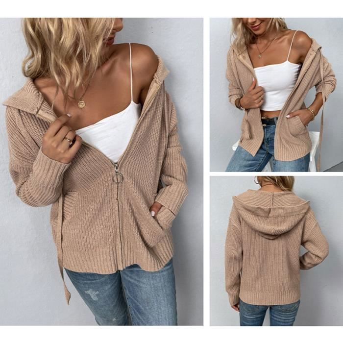 Gilet Zippe Femme en Tricot Capuche Automne Hiver Cardigan