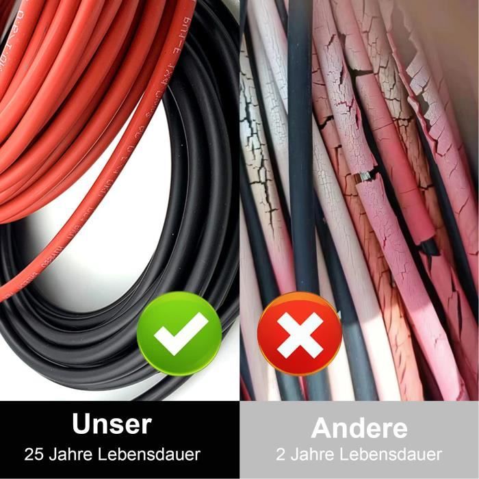 Câble Solaire 9m 6 Mm² Valemo - Double Fil Jumelé Cuivre Étamé, Connecteurs MC4, Ultra-Résistant UV & Intempéries Pour Panneaux Solaires, Camping-Car, Maison