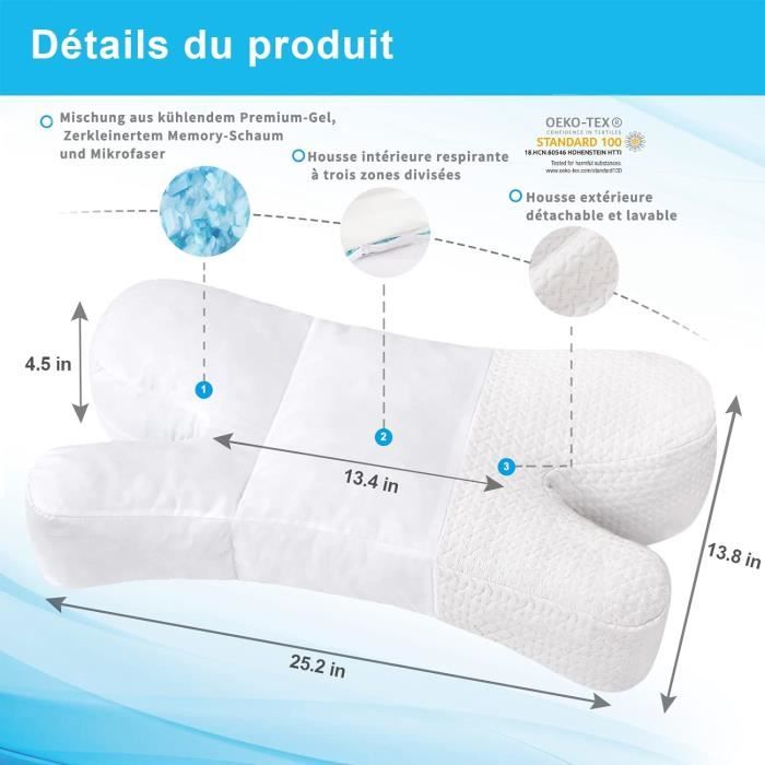 Oreiller Ergonomique Cervical - Mousse à Mémoire De Forme, 62x37x12 Cm, Pour Dormeurs Sur Le Côté Et Le Ventre