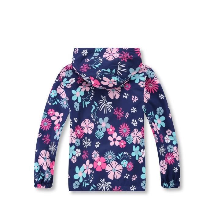 Veste Fille Imperméable à Capuche Doublé Polaire Randonnée Printemps  Imprime Fleur Bleu fonce Bleu fonce