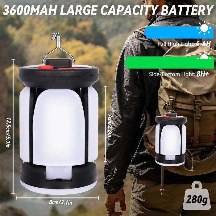 Lampe De Camping LED – Rechargeable USB, Solaire, 2400 MAh, étanche IPX6, Noir