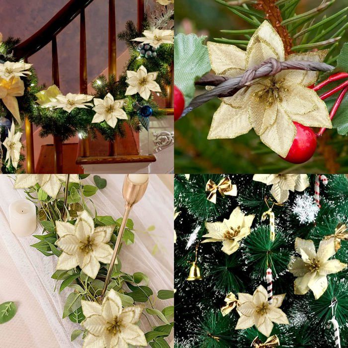 24 Fleurs De Poinsettia Brillantes Pour Noël - Décorations D'arbre Glitter Or - Ornements Festifs