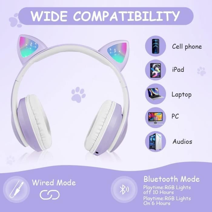 Casque Audio GENERIQUE Casque De Stéréo Pour Bluetooth 5.0 Chat Oreille Lapin LED Avec Micro Enfants Filles,sans Fil - Violet