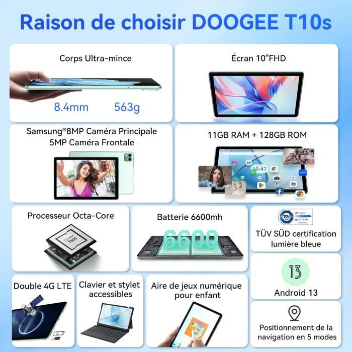 Tablette Tactile Doogee T10S Android13,10.1 Pouces FHD+, 6GB +128GB/1TB,  Batterie de 6600mAh, Caméra 5MP+8MP, Double Nano SIM-Vert - Cdiscount  Informatique