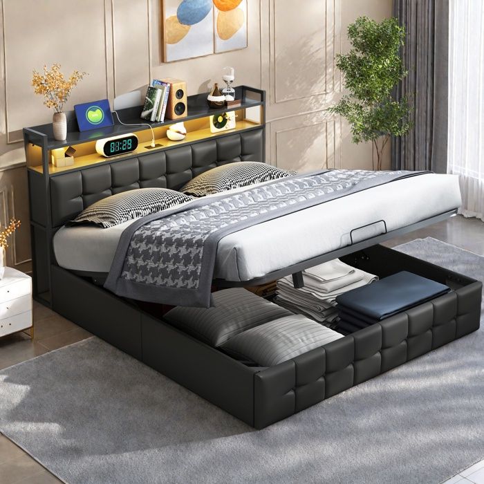160 x 200 cm lit avec sommier et ports USB, lit coffre avec rangement 160 x 200 cm lit avec sommier et ports USB, lit coffre avec rangement