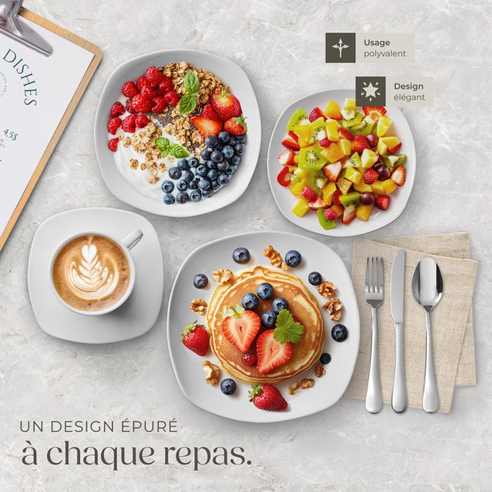Service De Table 12 Personnes 100 Pièces - Porcelaine Résistante, Design Carré Et Rond | Lave-vaisselle, Micro-ondes, Empilable