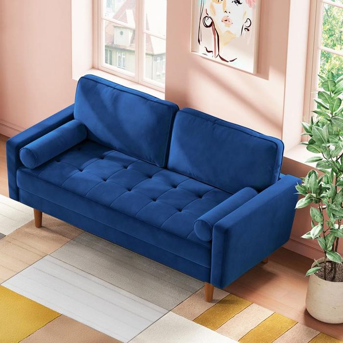 Canapé Moderne en Velours Bleu à 2-3 Places avec Accoudoirs et Assise ...