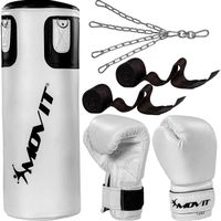 Kit de boxe Movit® avec sac de boxe 25 kg, 2 gants de boxe 12 oz, 2 bandes de maintien, convient pour les adultes, couleur blanc