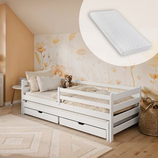 Lit Cabane Enfant LIFEZEAL 90x200 Cm Convertible En Lit Double 180x200 Cm - Barrière De Sécurité 33 Cm, Blanc, Charge 150 Kg