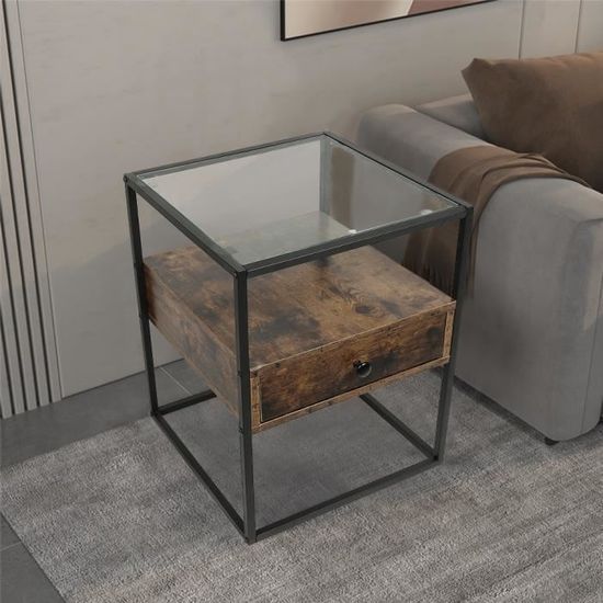 Table de chevet - - Style industriel - Loft - Avec 1 tiroir et plateau en verre