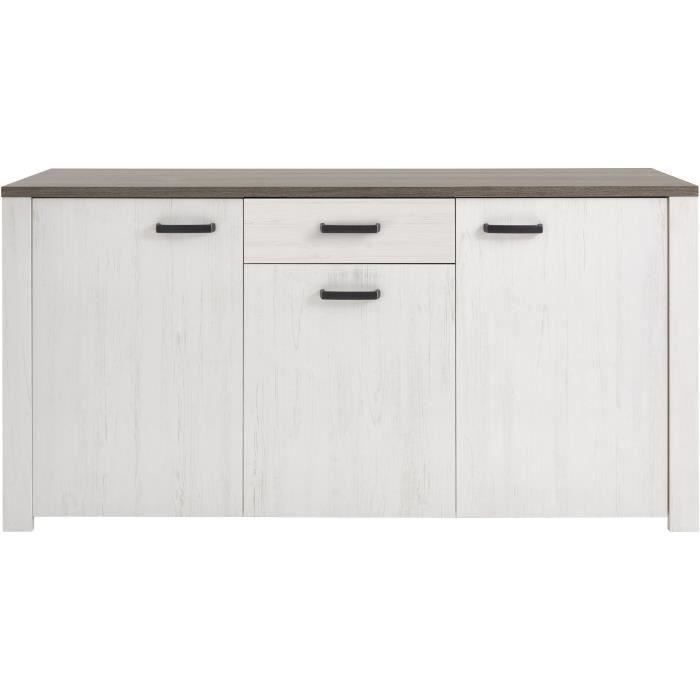 MARQUIS Buffet bas contemporain blanc perle, décor chêne et décor pin - L 175 cm
