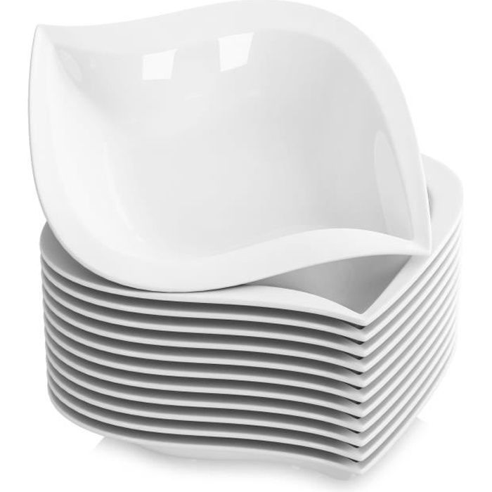12pcs Assiettes Creuse 21.5cm Porcelaine Vaisselles Assiette à Soupe Pâte Carré Plat Service de Table Malacasa Série ELVIRA
