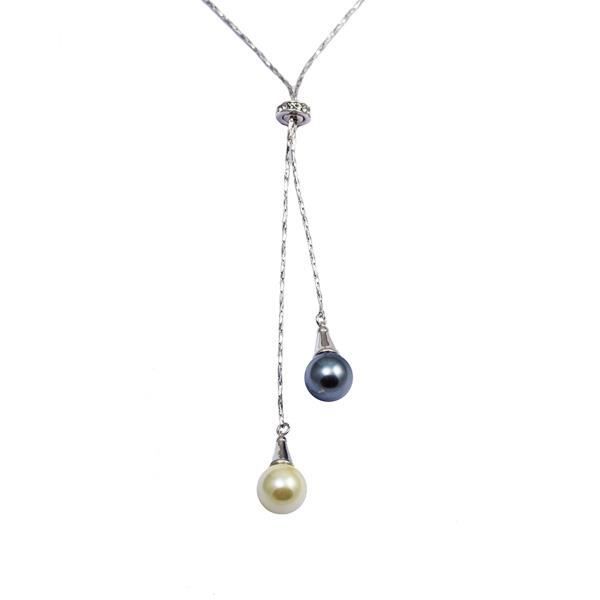 Collier Double Perle Noire et Blanche, Cristal de Swarovski Element et Plaqué Rhodium - Blue Pearls