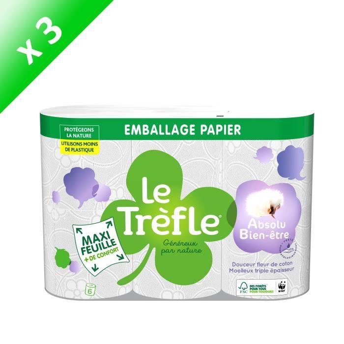 LE TREFLE Lot de 3 papiers toilette Bien être - Maxi feuille