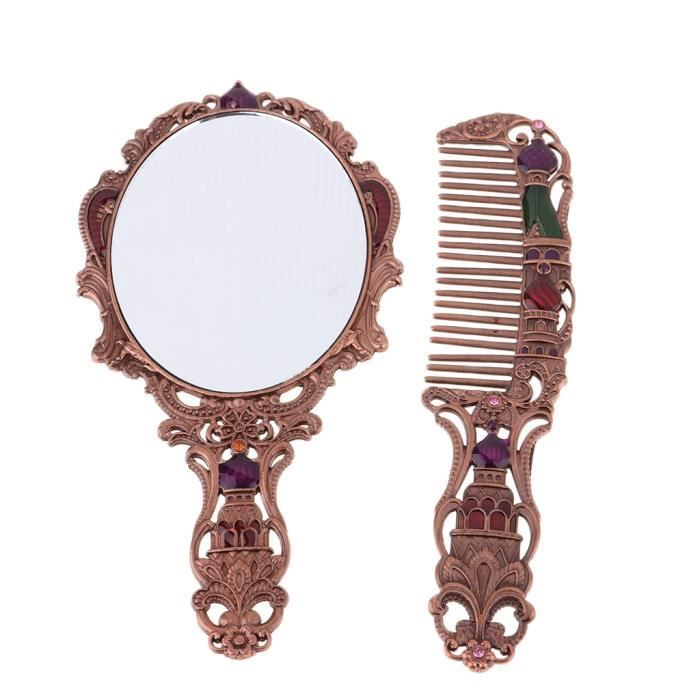 Mini Miroir Tenu Dans La Main De Style Russe, Miroir Luxueux De Maquillage Réglé De Peigne De Cheveux Pour Des Filles De Vin rouge