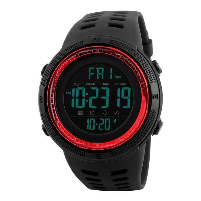 Montre de sport numérique pour hommes, montre étanche chronomètre compte à rebours rétro-éclairage double fuseaux rouge