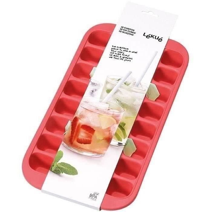 LEKUE Bac à glaçons maxi 32 cases rouge + couvercle