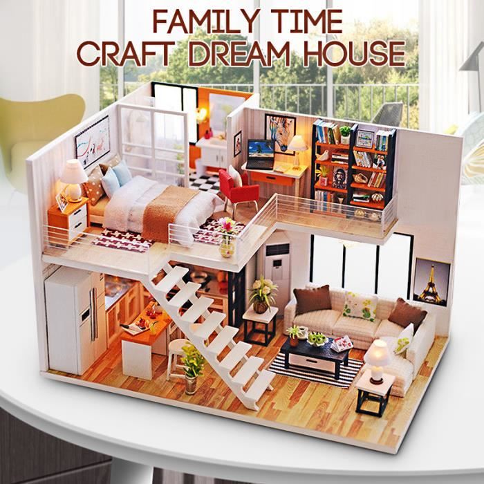 Maison de Poupée Bricolage en Bois Loft Appartements Moderne Jouets Enfant Lumière LED Cadeau