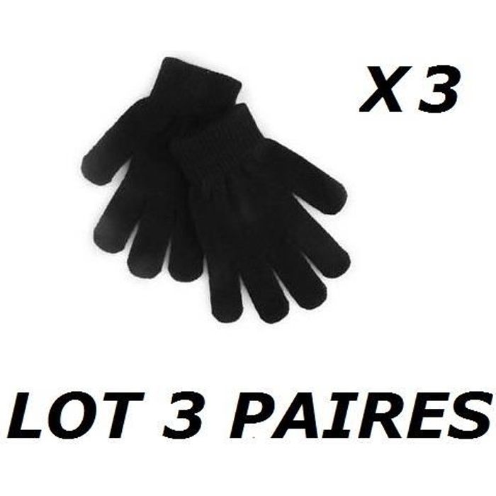 LOT 3 PAIRES DE GANT LAINE NOIR FEMME ENFANT FILLE GARCON TAILLE UNIQUE EXTENSIBLE ...