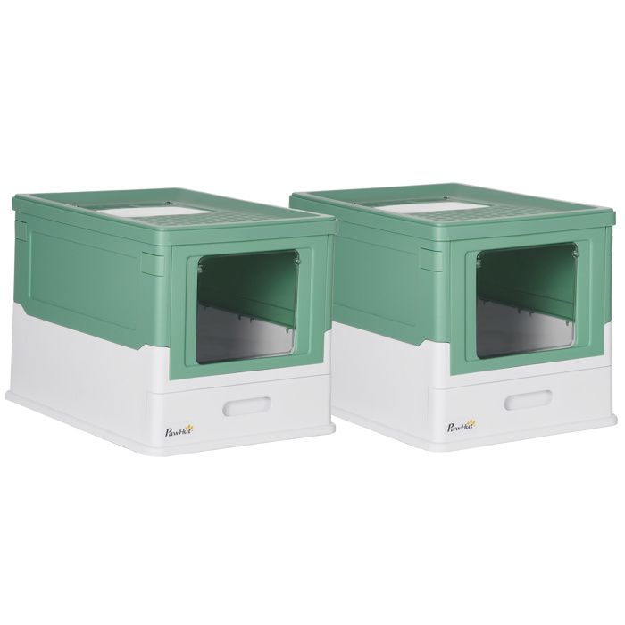 Lot de 2 bacs à litière pour chat PawHut maison de toilette pliable double porte battante et supérieure + pelle + tiroir à litière