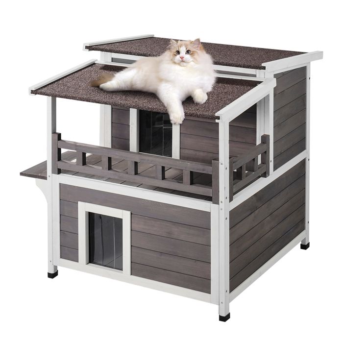 Meilleurs prix pour Maison pour Chat D'extérieur Résistante aux Intempéries-VEVOR-750x751x820mm-Abri Spacieux en Bois à Deux Niveaux pour Chats
