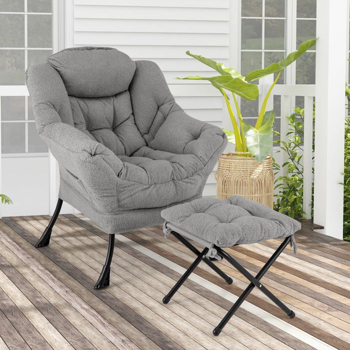 Fauteuil relax, avec Repose-Pieds, fauteuil lounge en Lin, Pouf chaise capitonné - Beige