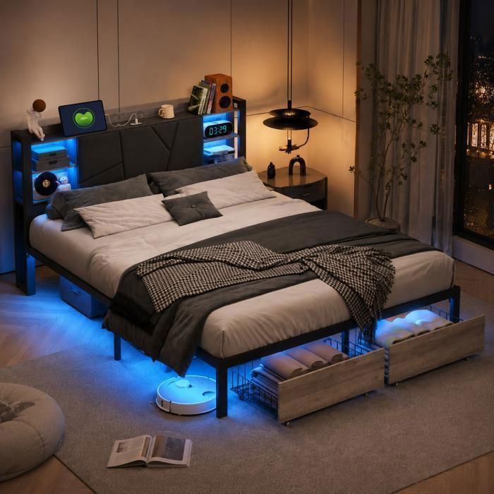 Lit Rembourré en Métal Noir 160×200cm Lit 2 Personnes avec Sommier Ports de Chargement USB et Type-C LED 2 Tiroirs de Rangement