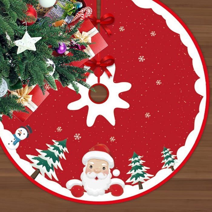 Jupe De Sapin De Noël En Peluche Rouge à Bordure Dorée – 40x56 Cm, Protège Le Sol, Déco Festive